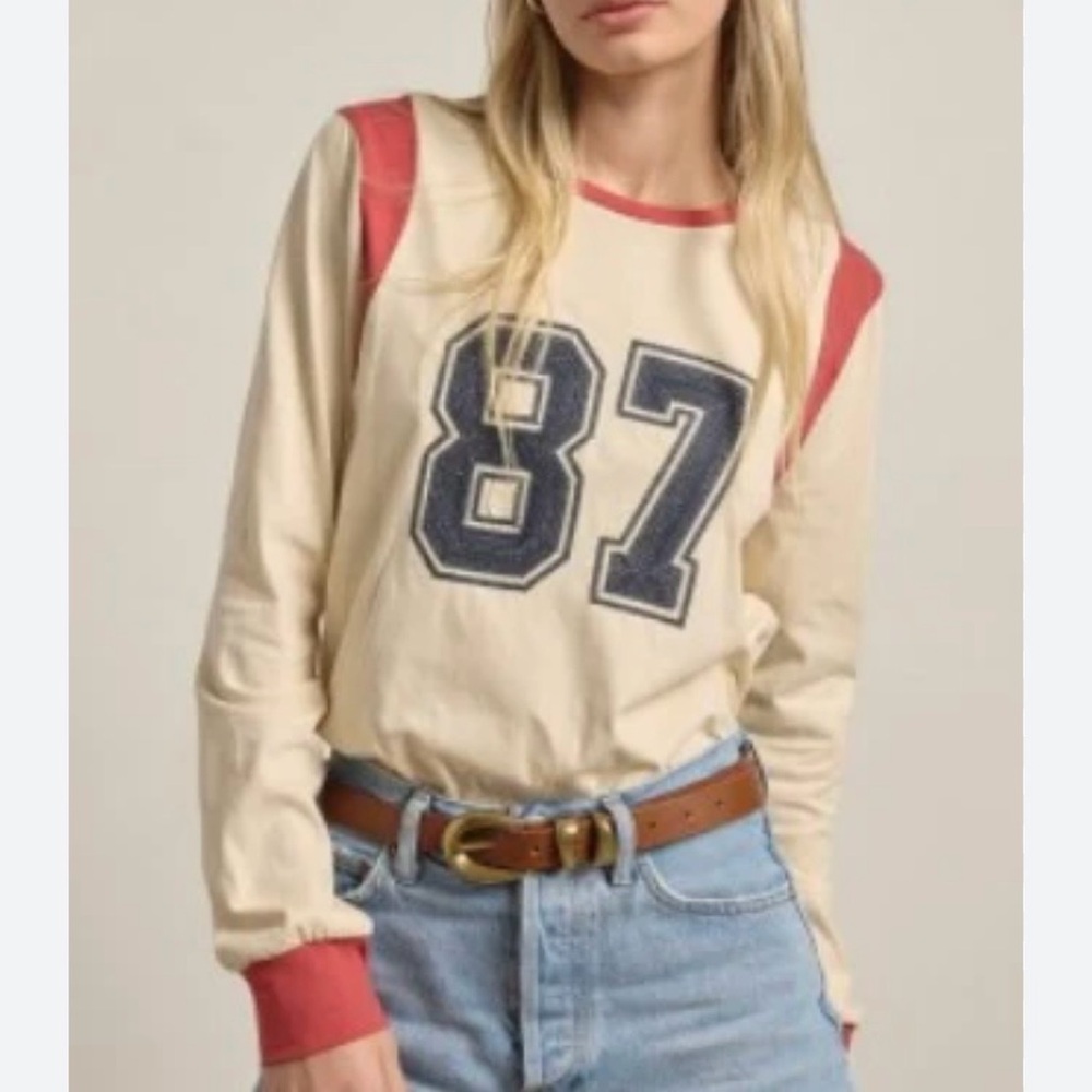 RAISONNEL Varsity “87” Long Sleeve Tee Ivory Red Ringer NWT Size S